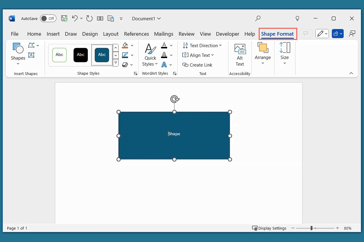 Onglet Format de forme dans Word.