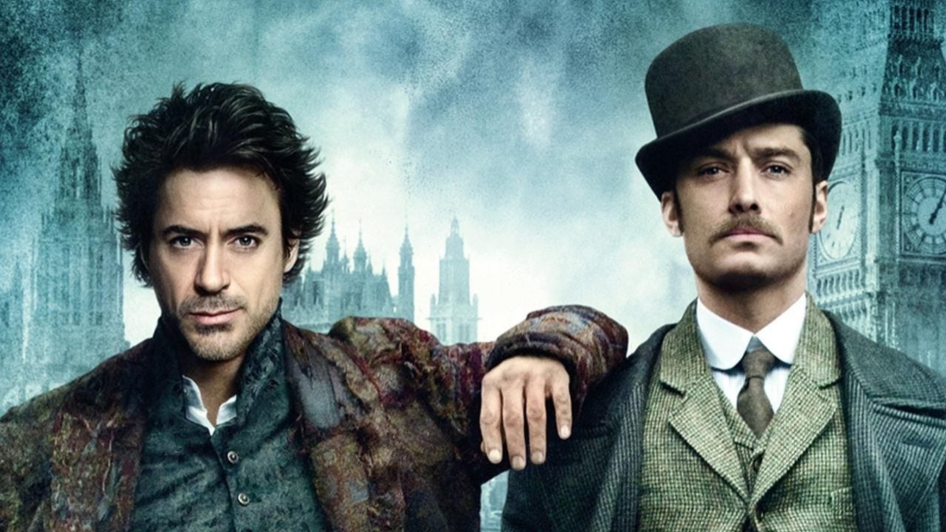 Robert Downey Jr. and Jude Law as Holmes and Watson in Sherlock Holmes.