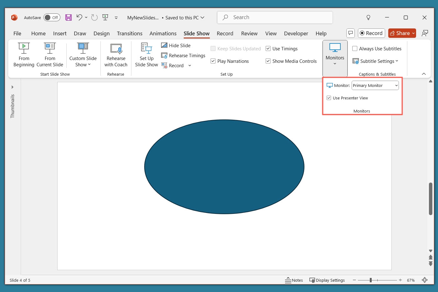 Presenter View and Monitor settings in PowerPoint.