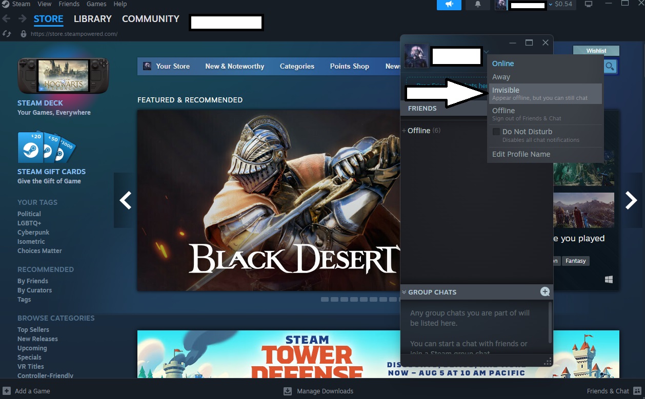 Меню списка друзей Steam.