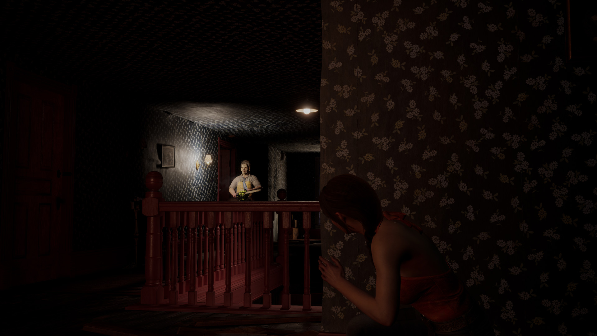 Hiding from an enemy in The Texas Chain Saw Massacre game.