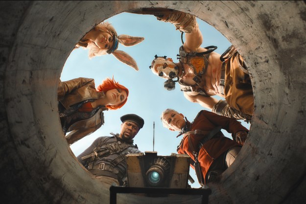 The Borderlands cast looks down a hole together.