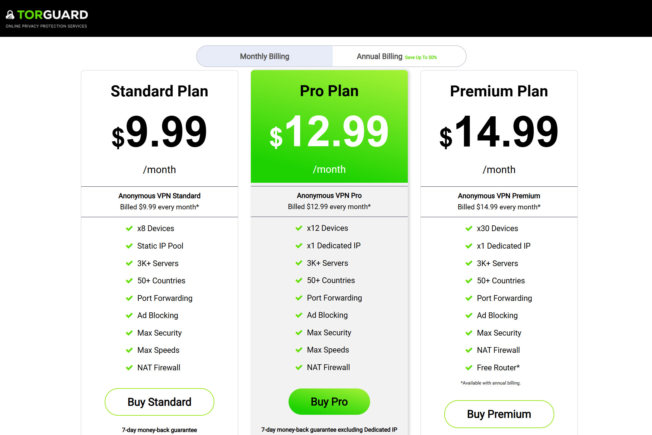 TorGuard has three basic price tiers for consumers with monthly and annual plans.