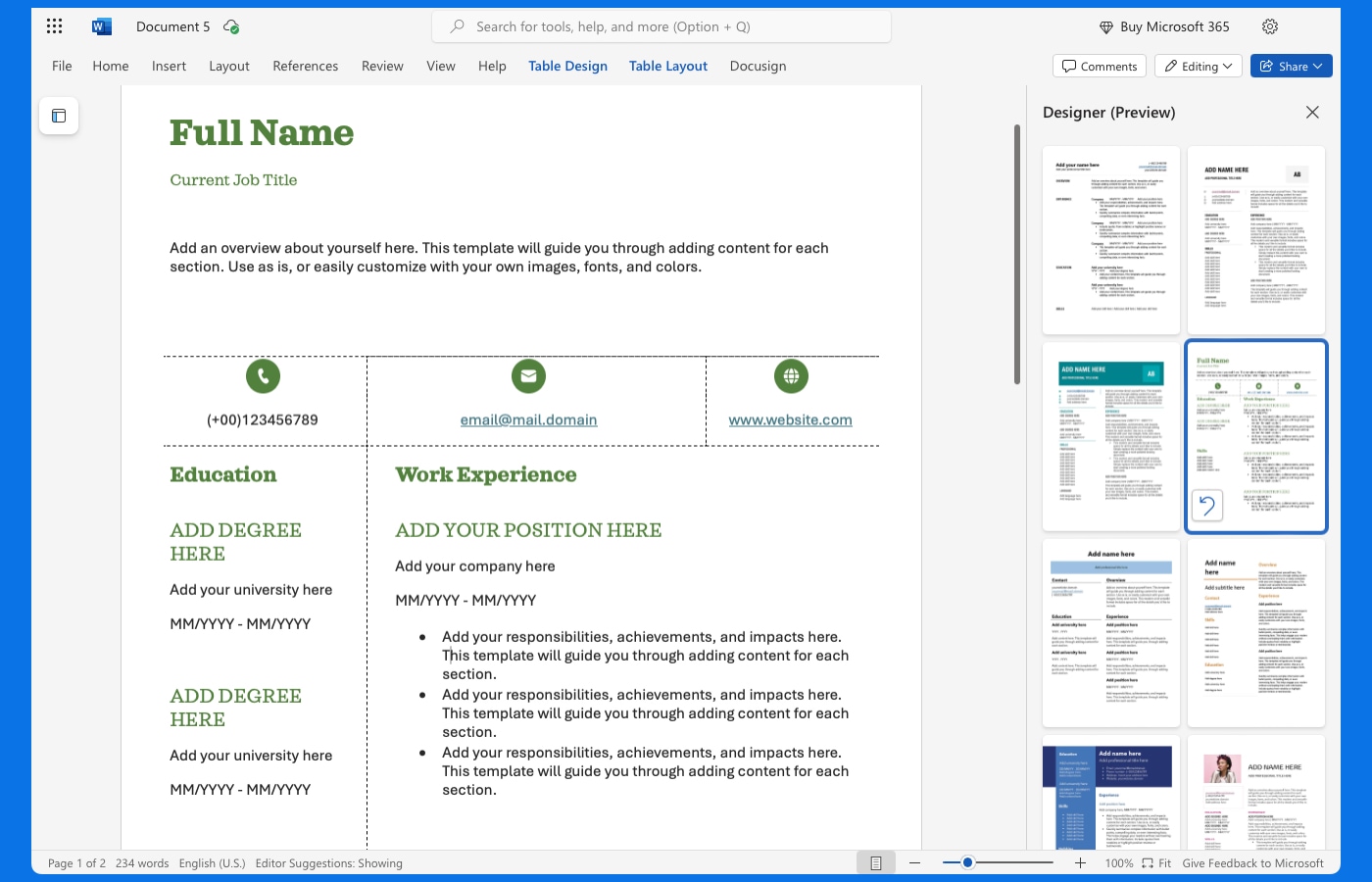 Resume template in Word on the web.