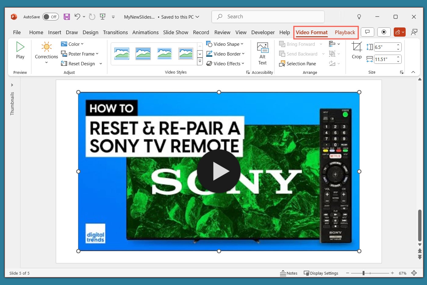 Video Format and Playback tabs in PowerPoint.