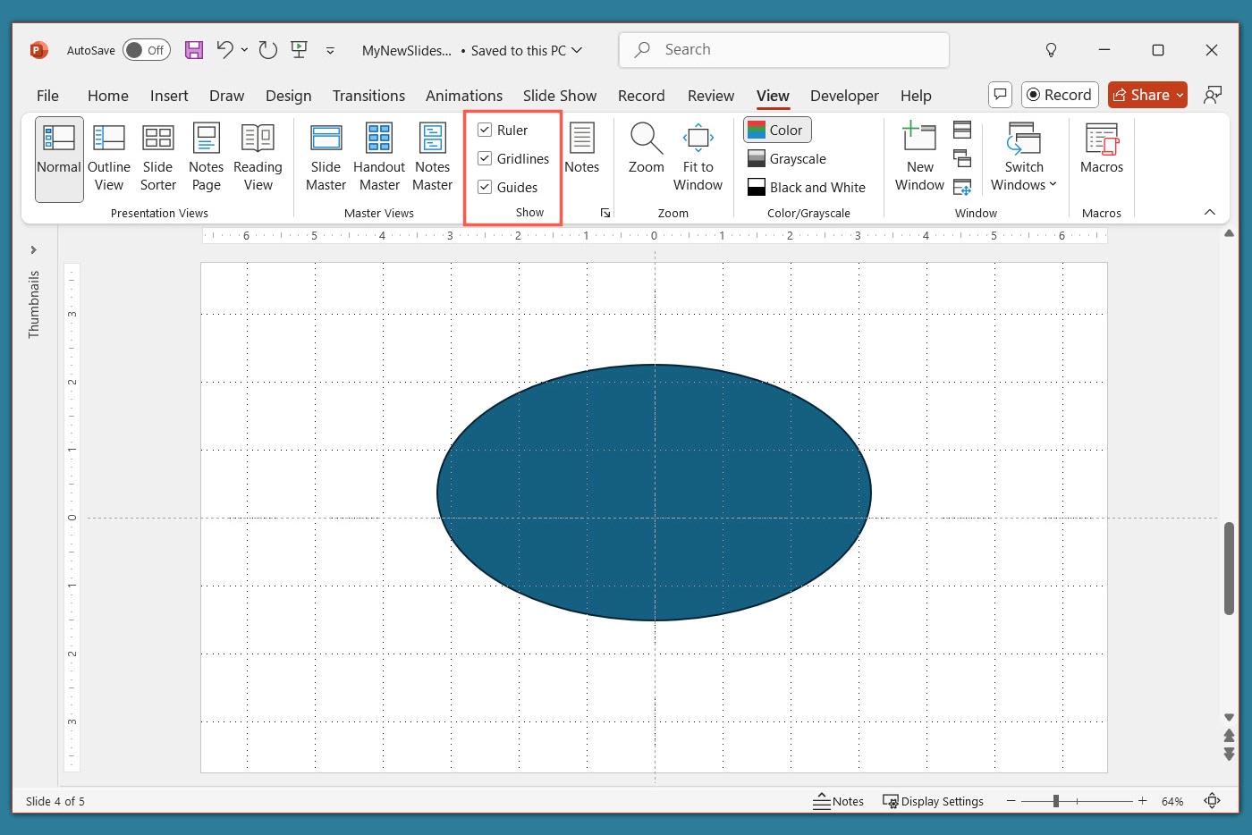 Ruler, Gridlines, and Guides boxes in PowerPoint.