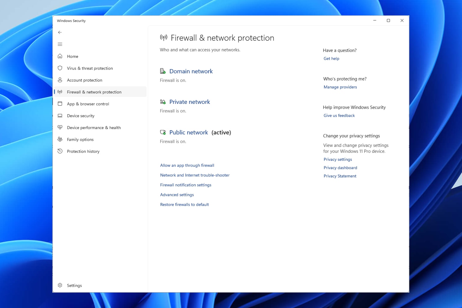 La pantalla de protección de red y firewall en la aplicación Seguridad de Windows en Windows 11.