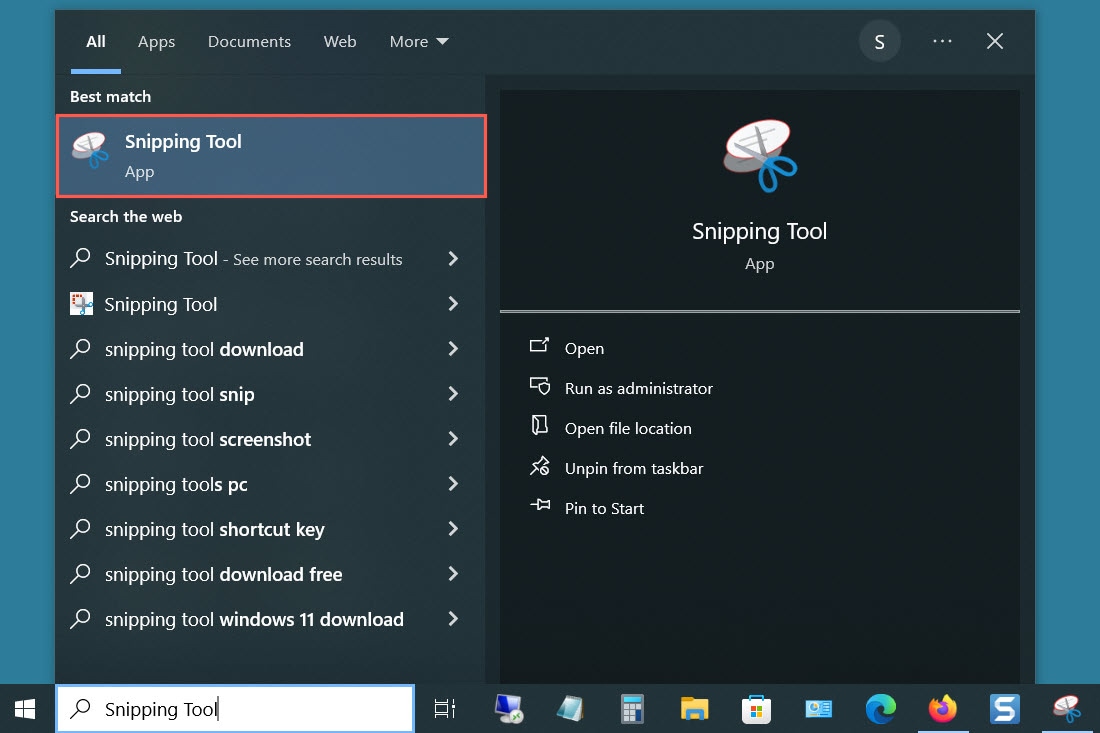 Windows Snipping Tool in the Search results.