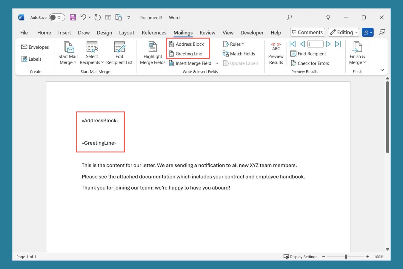 Address and greeting lines for a Word mail merge.