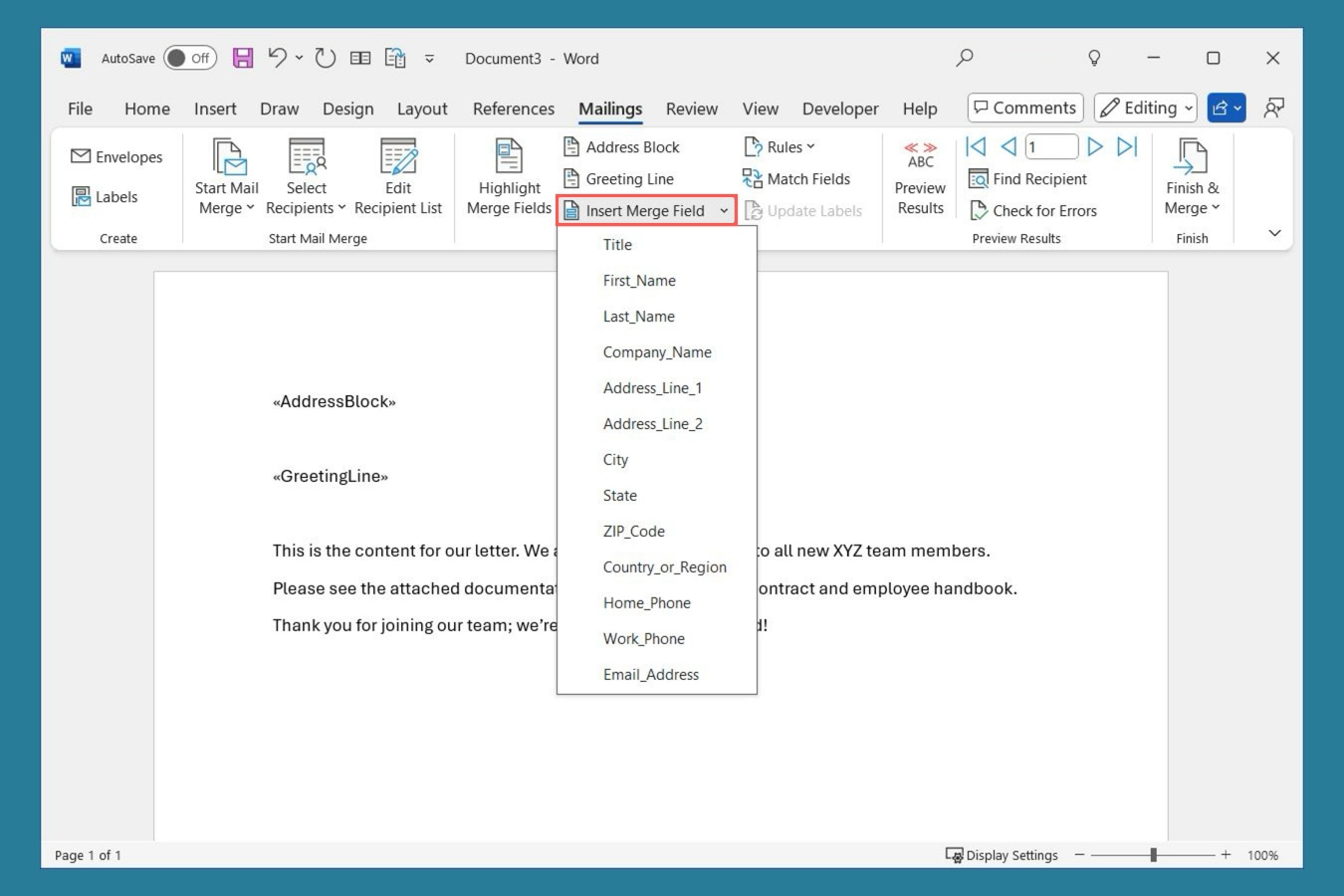 Word menu “Insert Merge Field”.