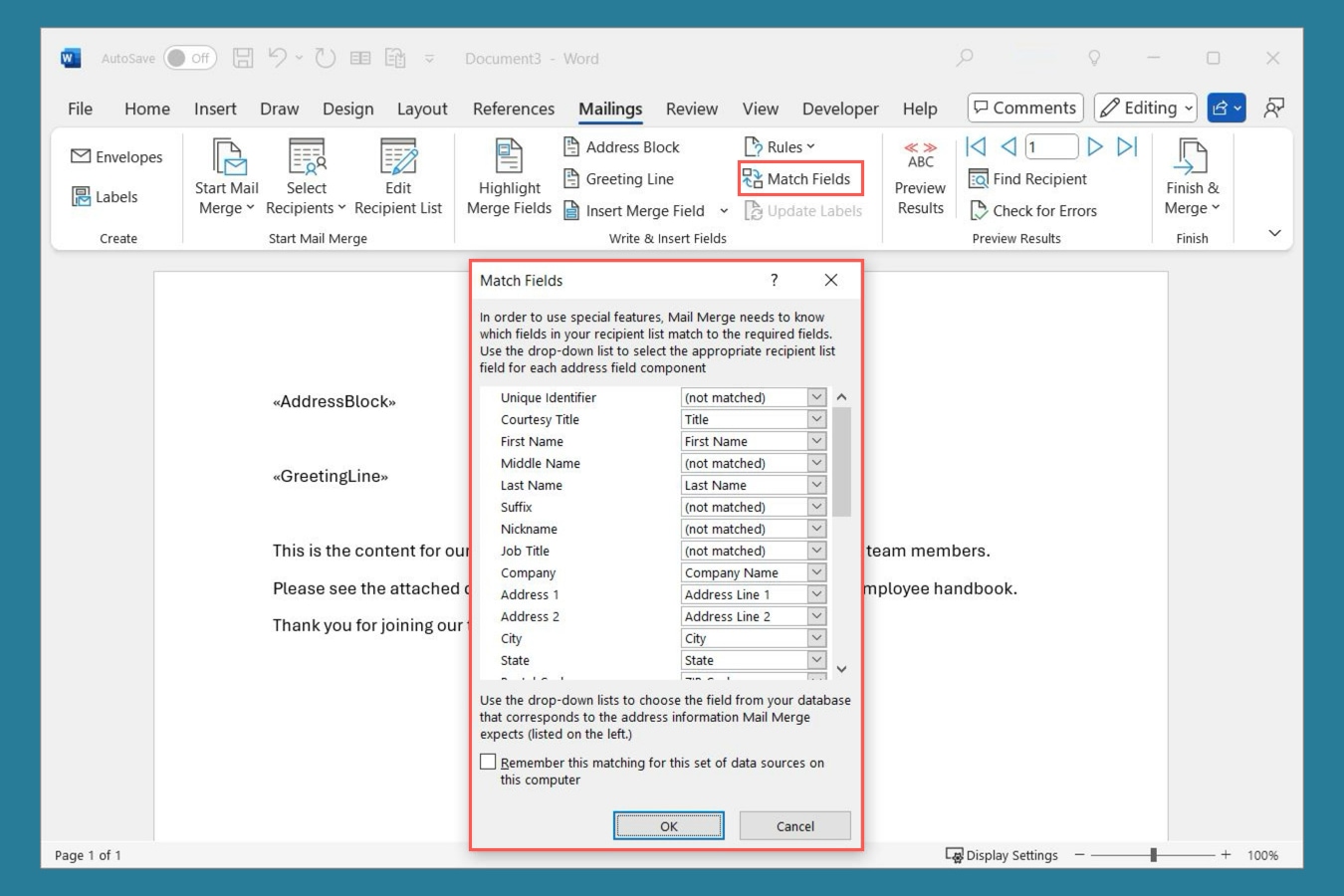 Match Fields window for a Word mail merge.