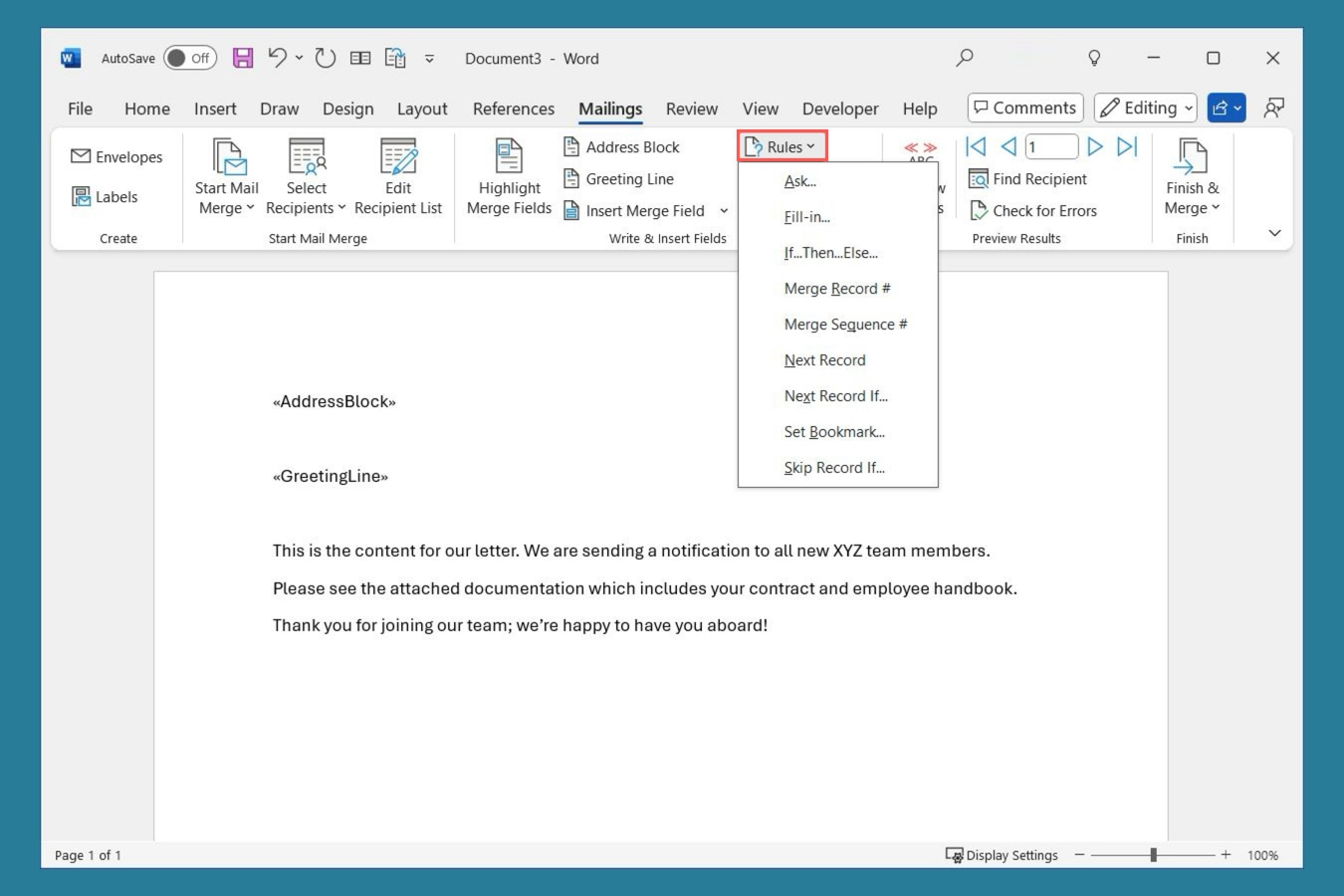 Reglas de combinación de correspondencia de Word.