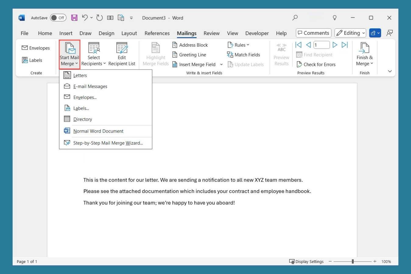 Word Mailings tab Start Merge menu.