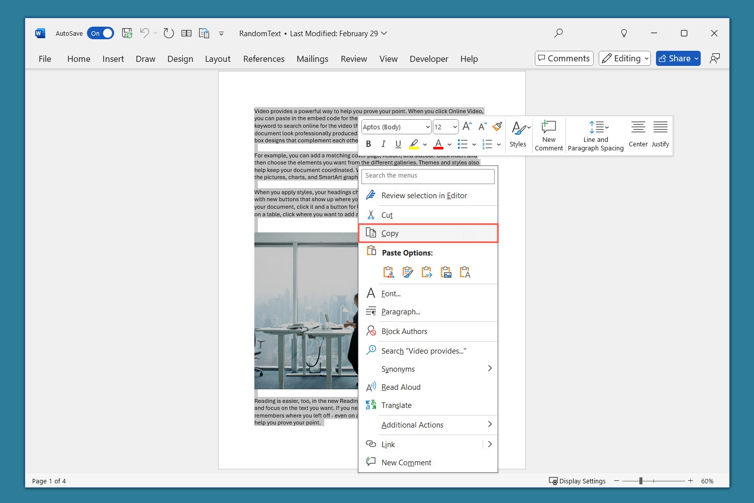 Copiez dans le menu contextuel de Word.