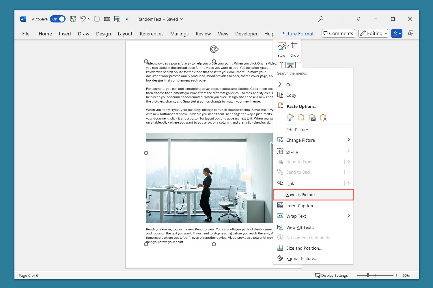 Enregistrer sous forme d'image dans le menu contextuel de Word.