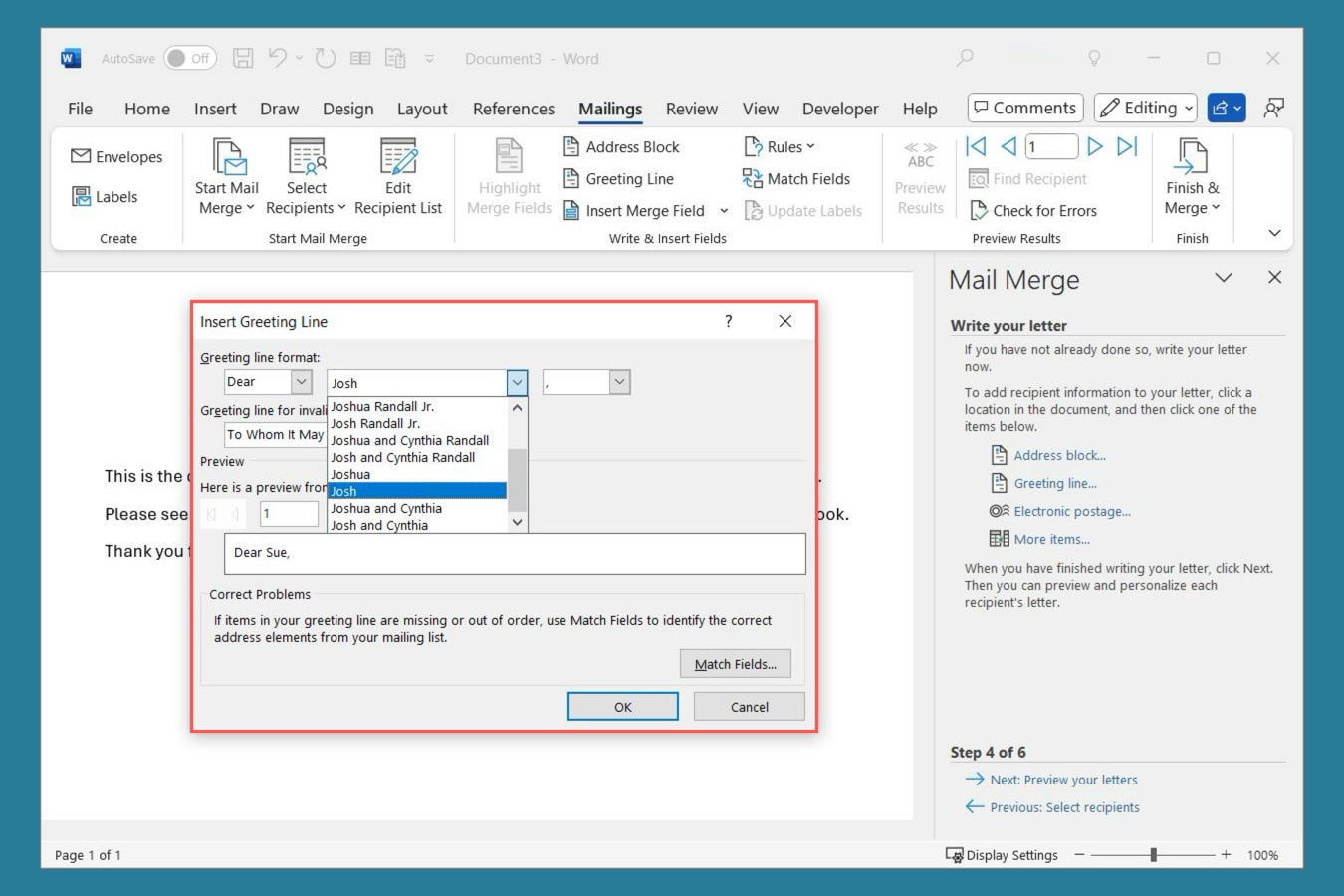 Formatting options for greeting lines in Word.