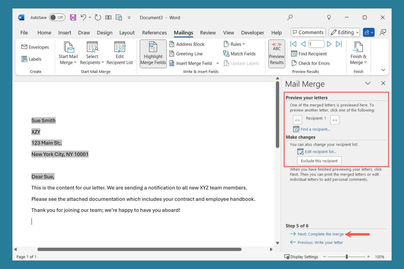 Vista previa del Asistente para combinar correspondencia de Word.