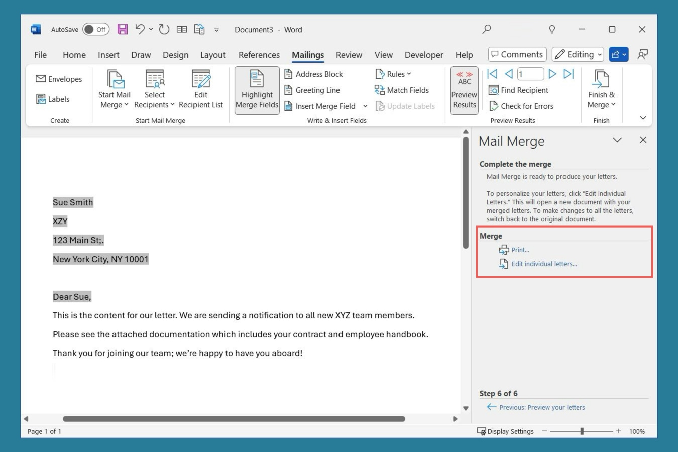 Opções de impressão ou edição do Assistente de mala direta do Word.