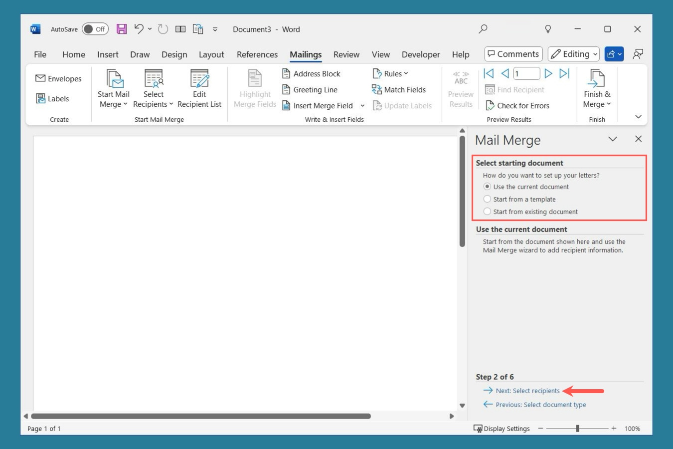 Asistente para combinar correspondencia de Word actual o plantilla.