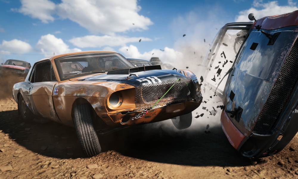 Two cars crash in Wreckfest 2.