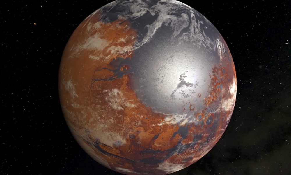 More than 3 billion years ago, Mars was warm, wet, and had an atmosphere that could have supported life. This artist's rendering shows what the planet may have looked like with global oceans based on today's topography.