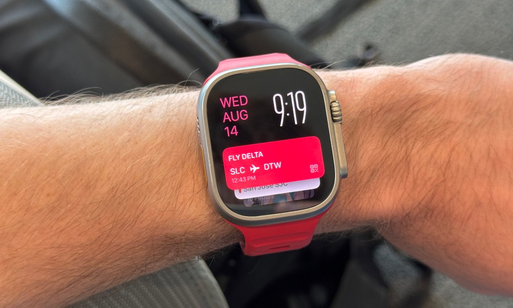 A boarding pass on an Apple Watch Ultra 2.