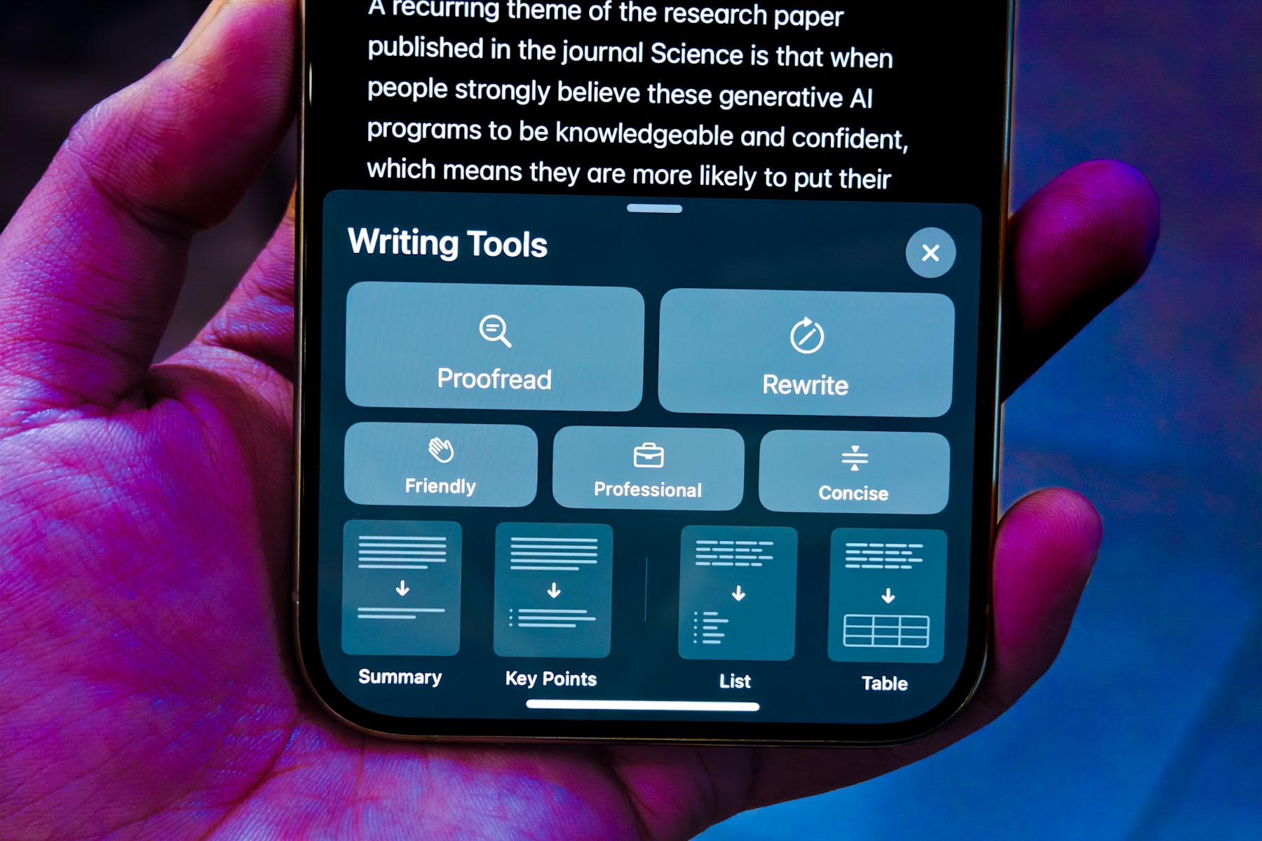 Writing tools on iPhone 15 Pro.