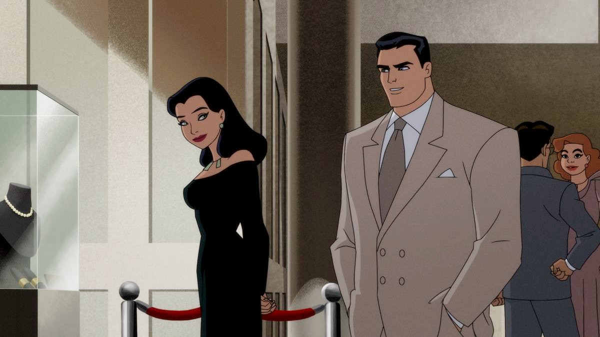 In Batman: Caped Crusader spricht ein Mann mit einer Frau.