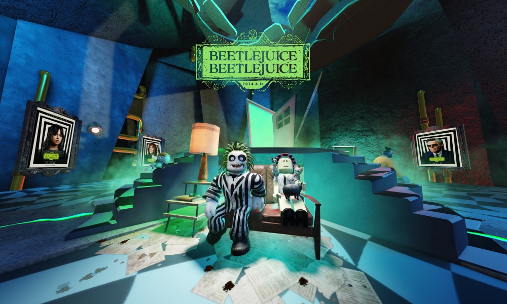 A Roblox-designed Beetlejuice sitting next to an old woman with a cat. There's a sign for Beetlejuice Beetlejuice above him, and live-action pictures of the cast are on the walls.