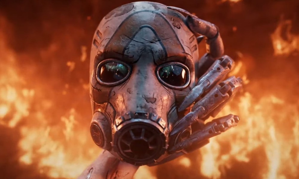 A Borderlands psycho mask being held in front of a ton of flames.