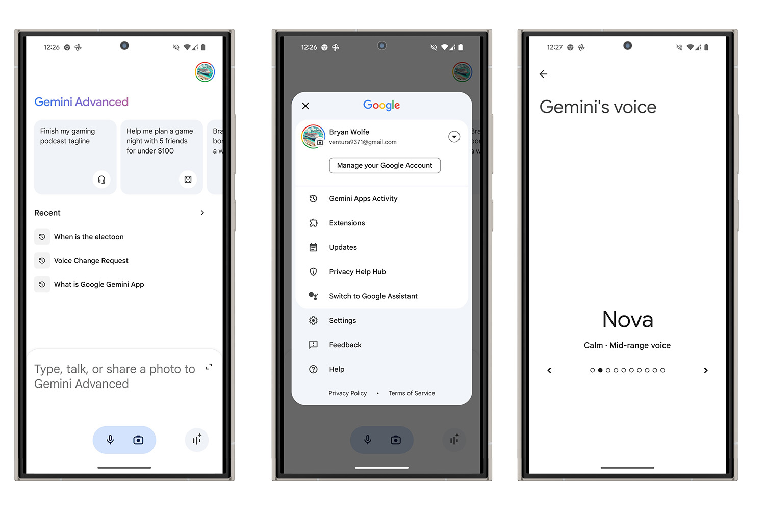 Screenshot showing how to change Google Gemini's voice on Android.