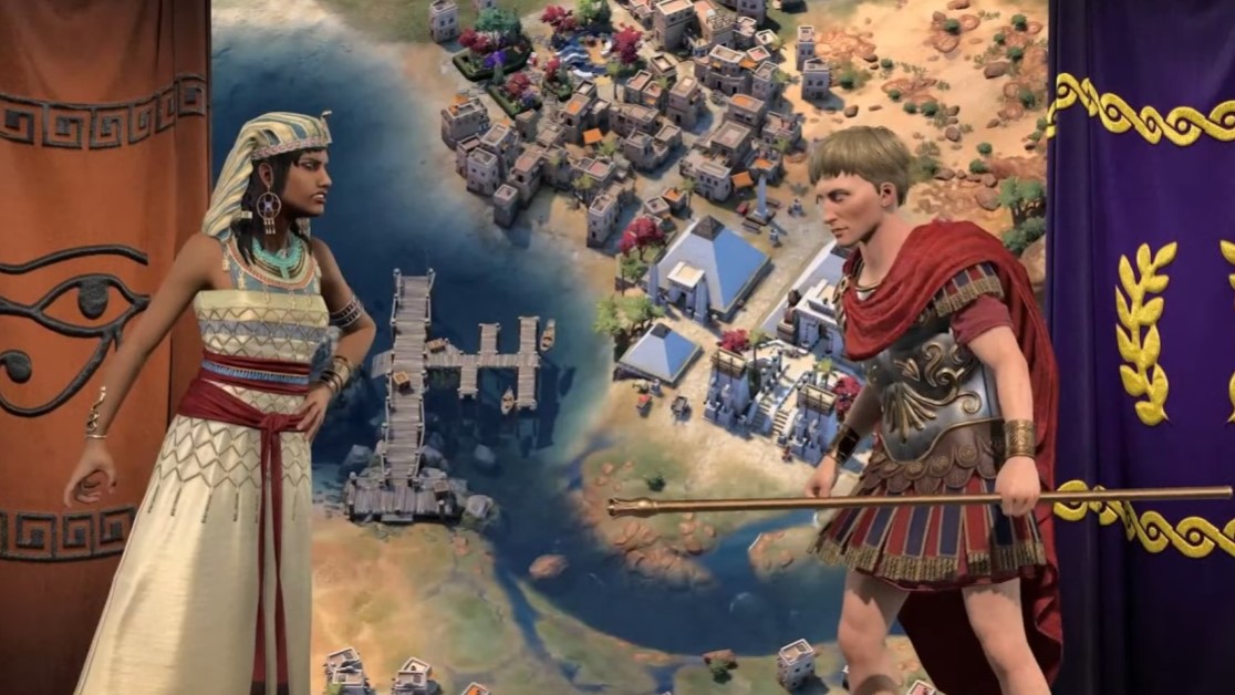 Two world leaders, Cleopatra and César, face each other in front of their flags.