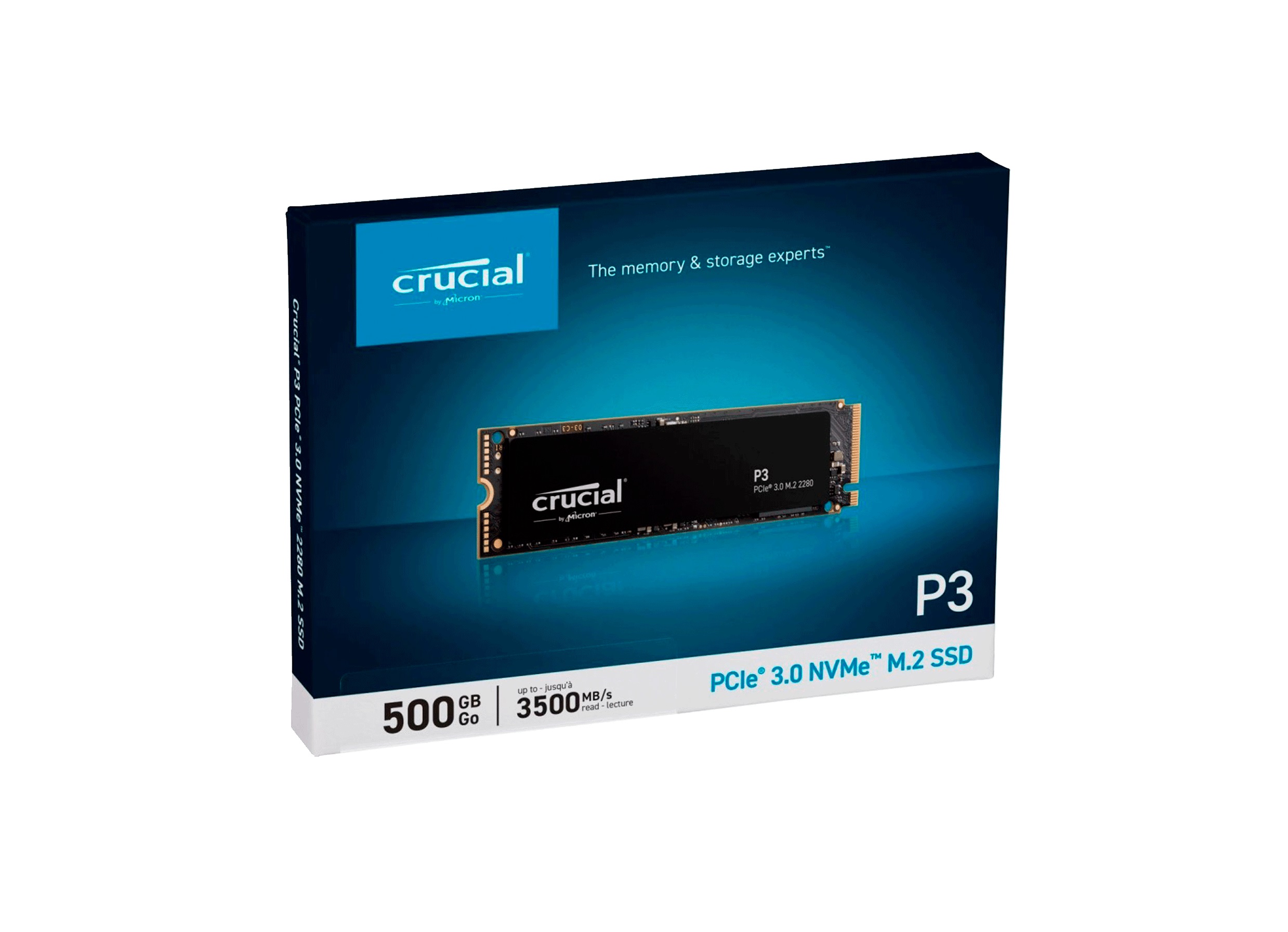 die Crucial P3 PCIe Gen 4.0 NVMe SSD-Boxverpackung.