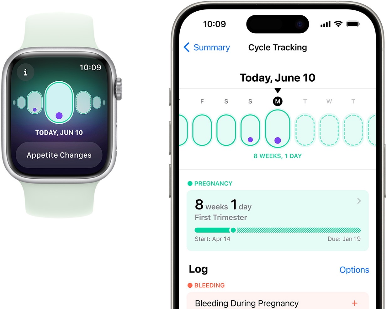 Novas ferramentas de rastreamento de ciclismo mostradas no iPhone e no Apple Watch.