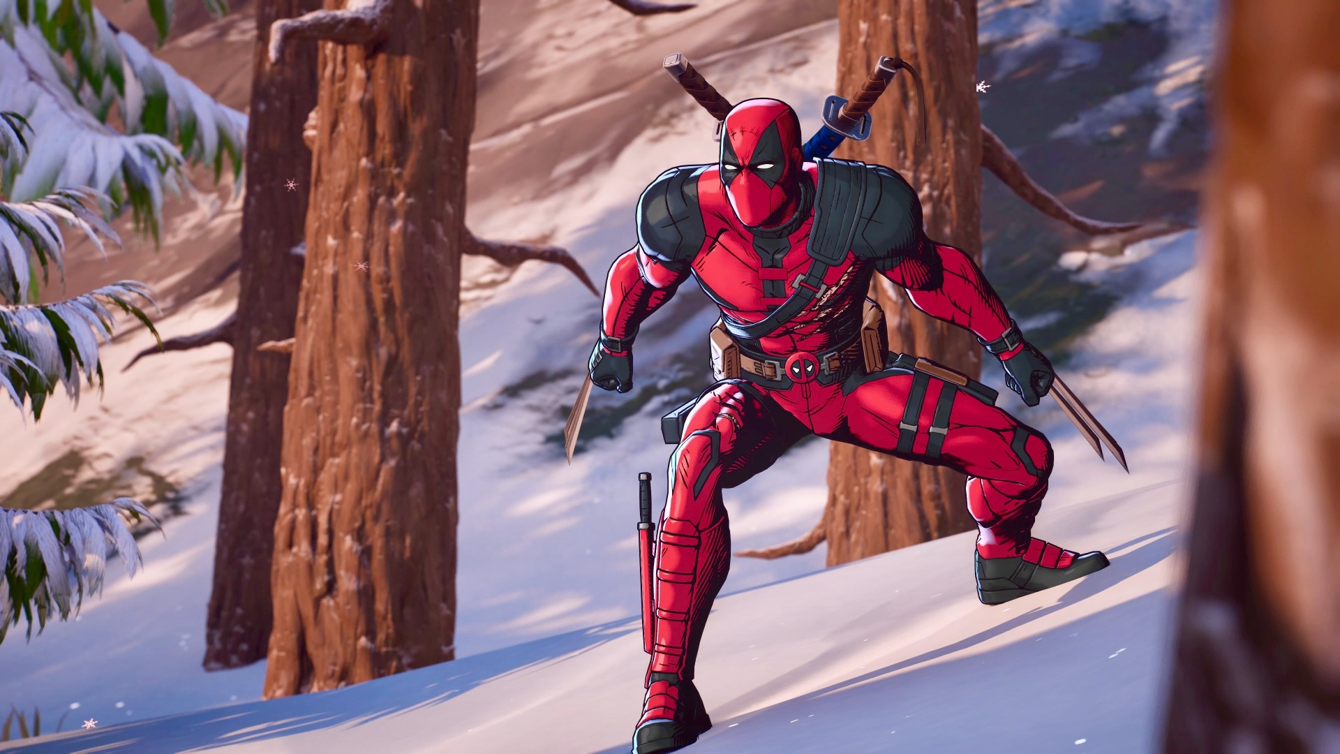 Deadpool lucha en un bosque en Fortnite.