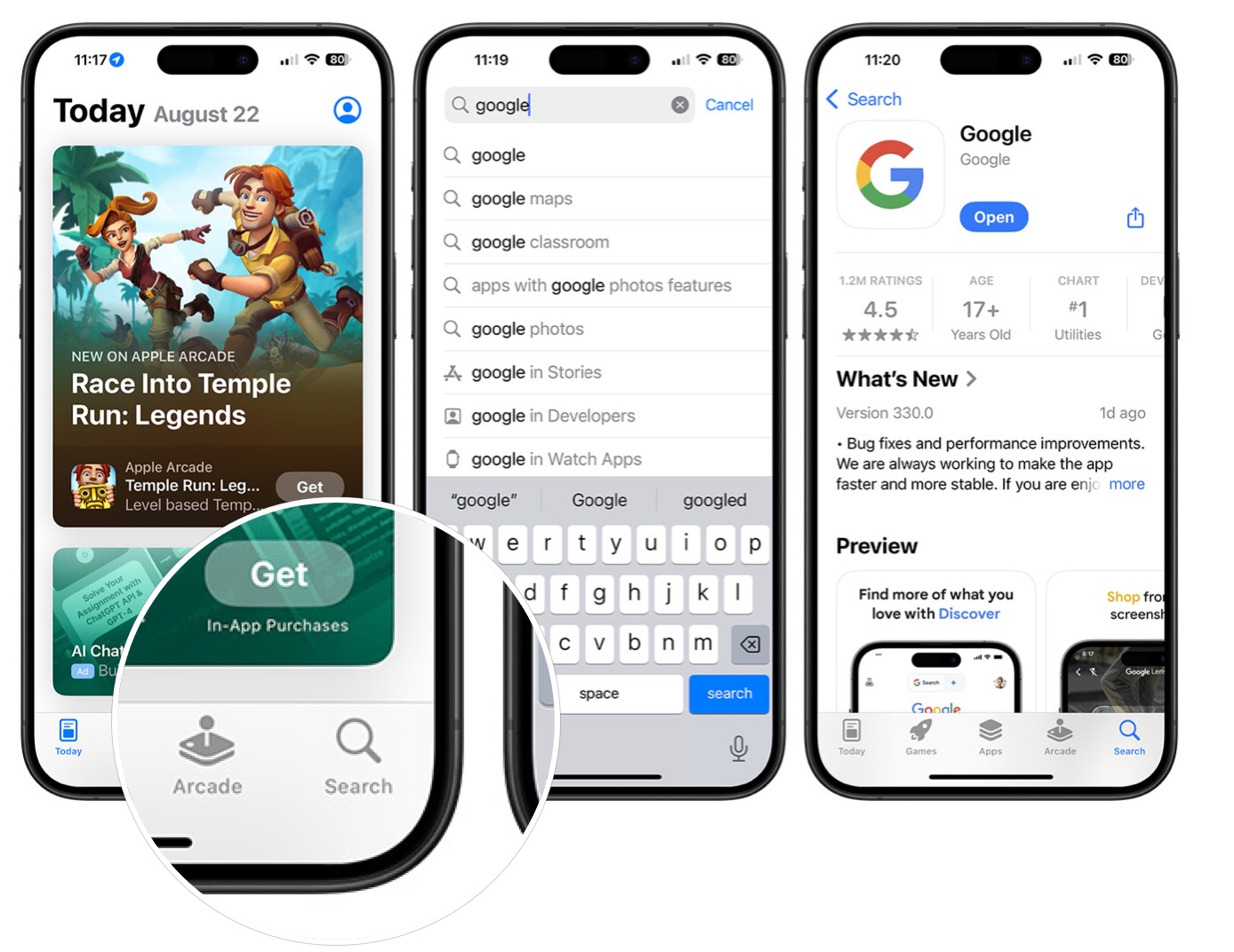 Captura de pantalla que muestra cómo descargar la aplicación de Google en iPhone.