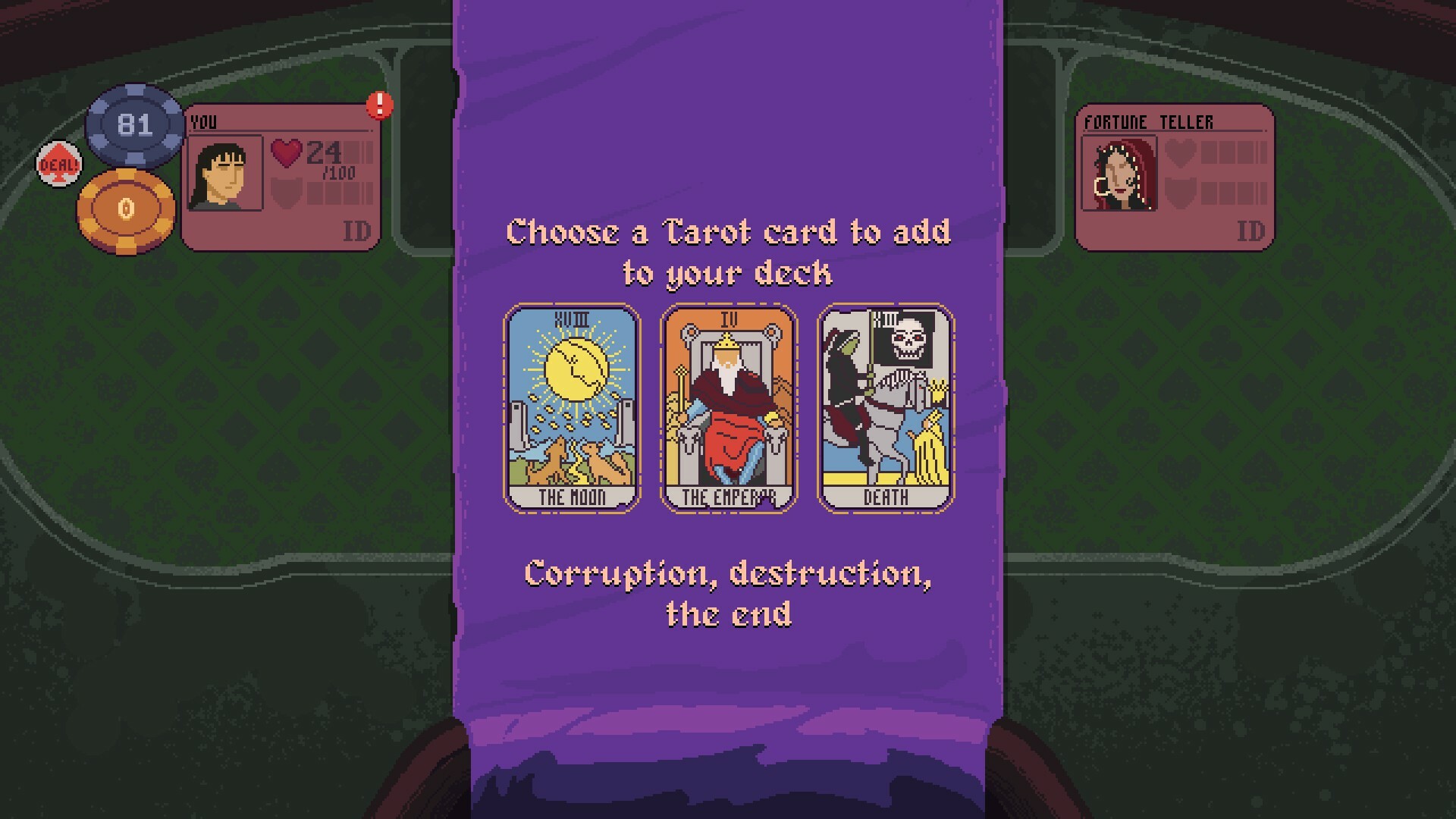 Três cartas de tarô aparecem em um banner roxo em Dungeons and Degenerate Gamblers.