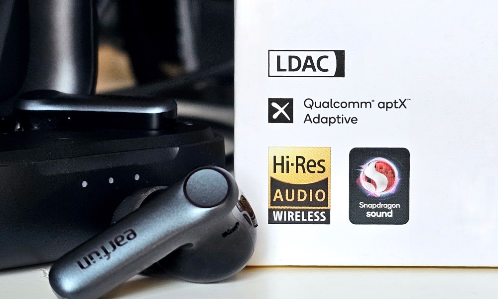 Labels on the box of Earfun's Air Pro 4 earbuds showing LDAC and aptX Adaptive logos.