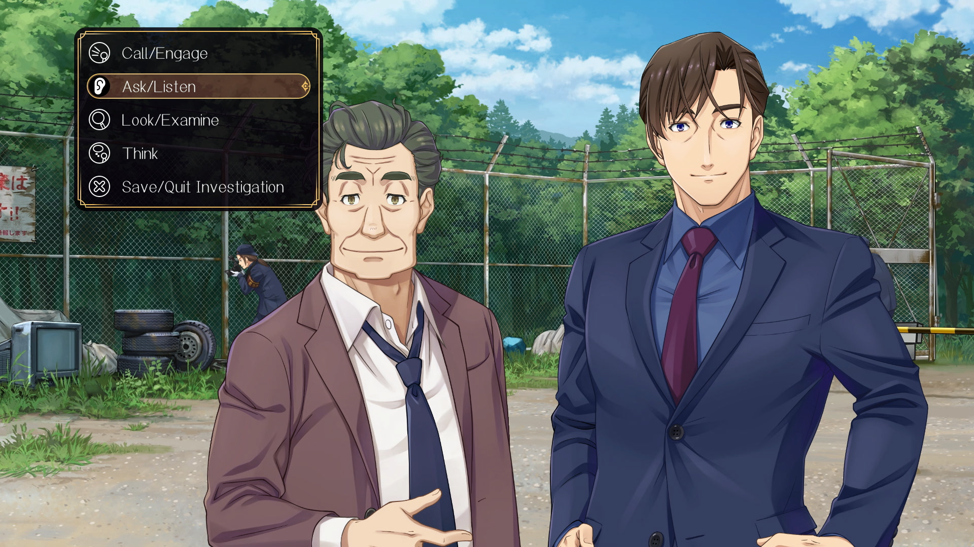 Two detectives stand in a field in Emio – The Smiling Man.