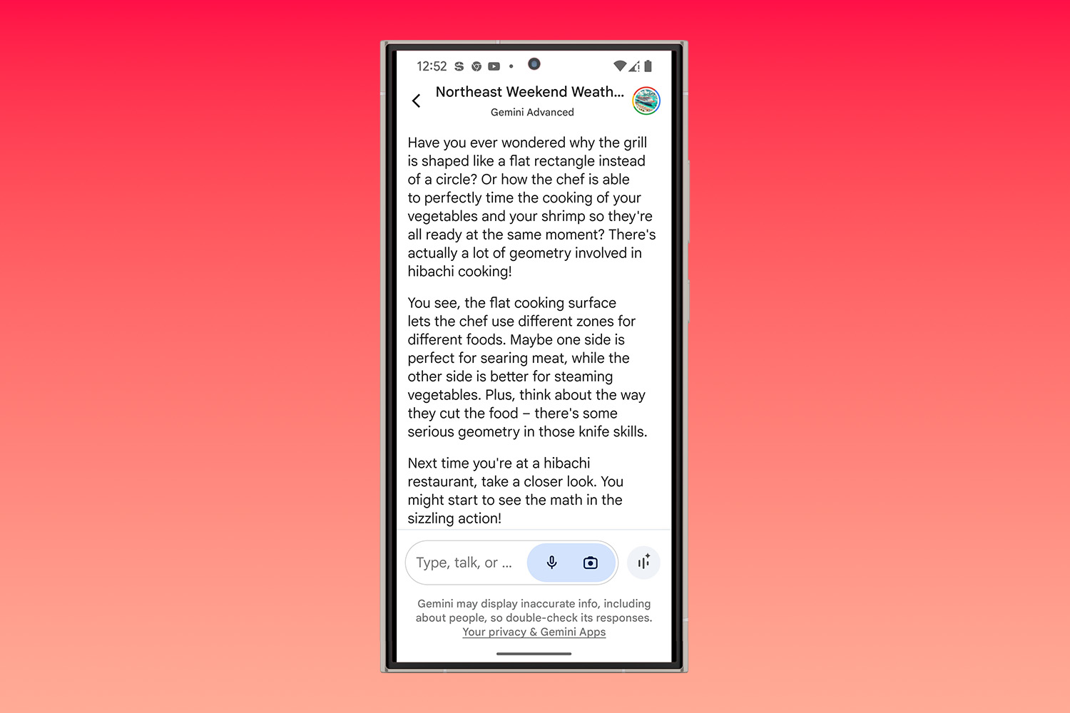 Screenshot showing an example of Gemini Live text.