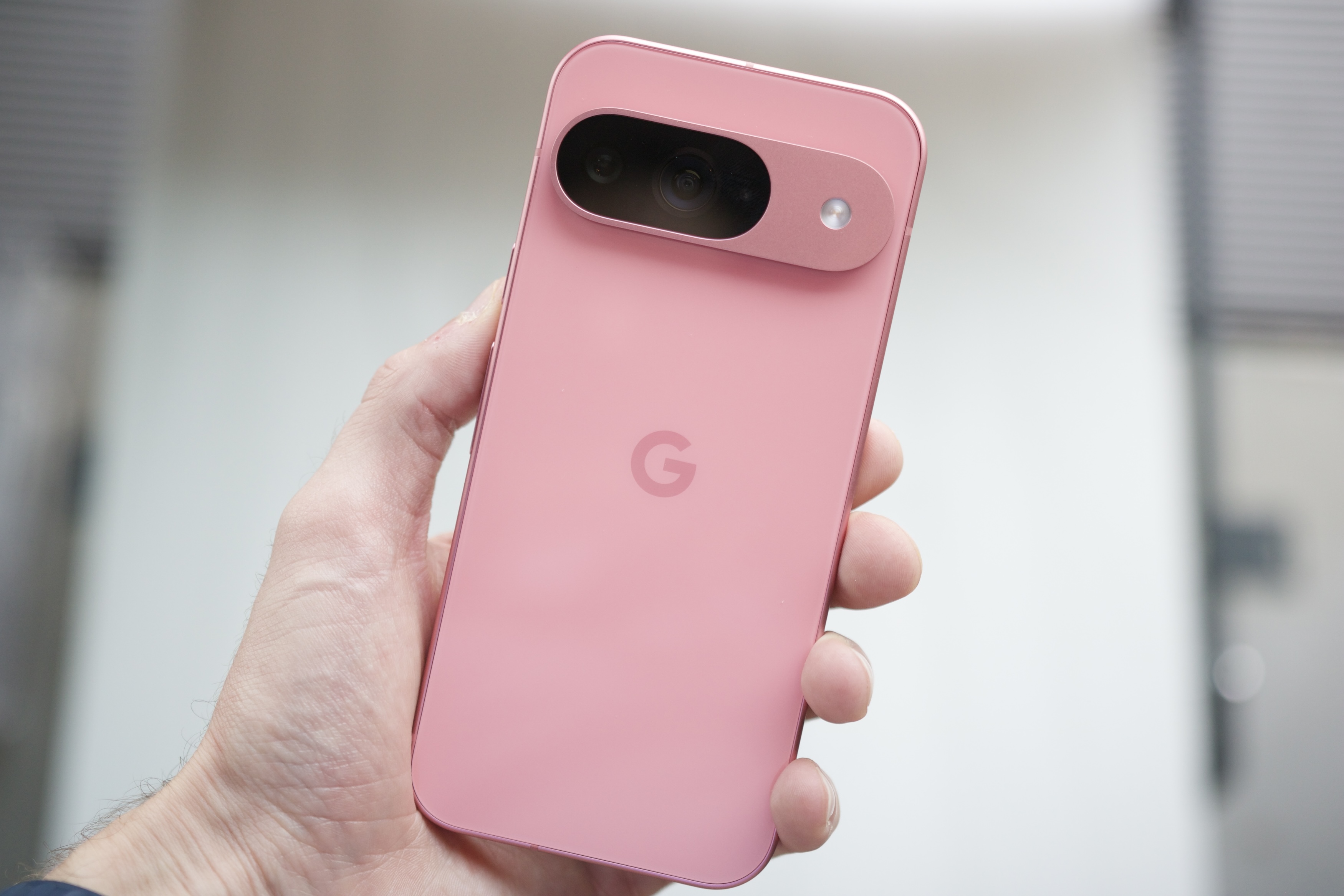 Alguém segurando um Google Pixel 9 rosa.