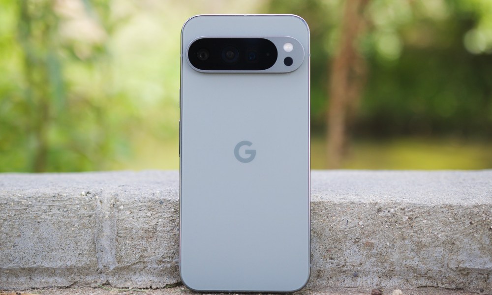 The Google Pixel 9 Pro XL sitting upright outside.