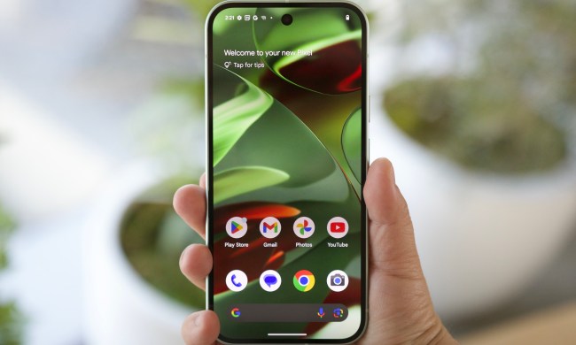 Someone holding the Google Pixel 9 with the screen on.