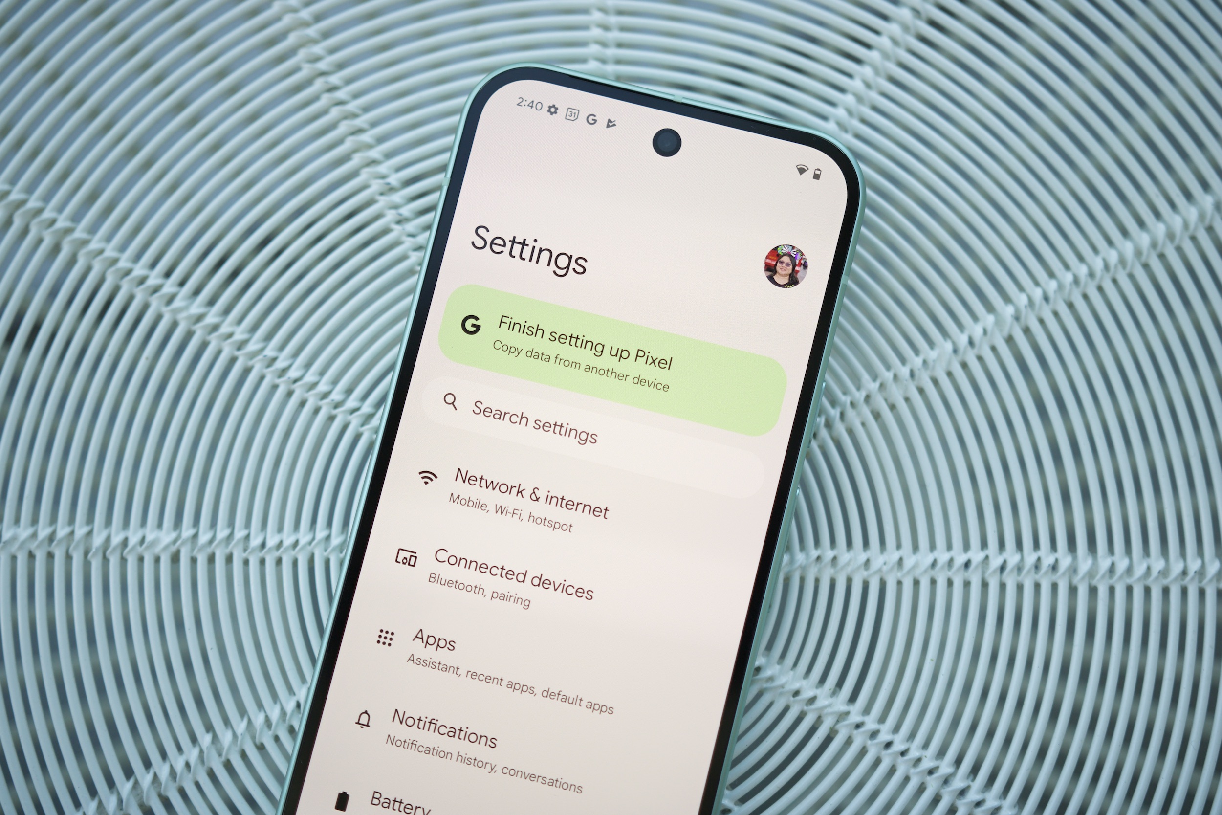 The Settings app being shown on a Pixel 9.