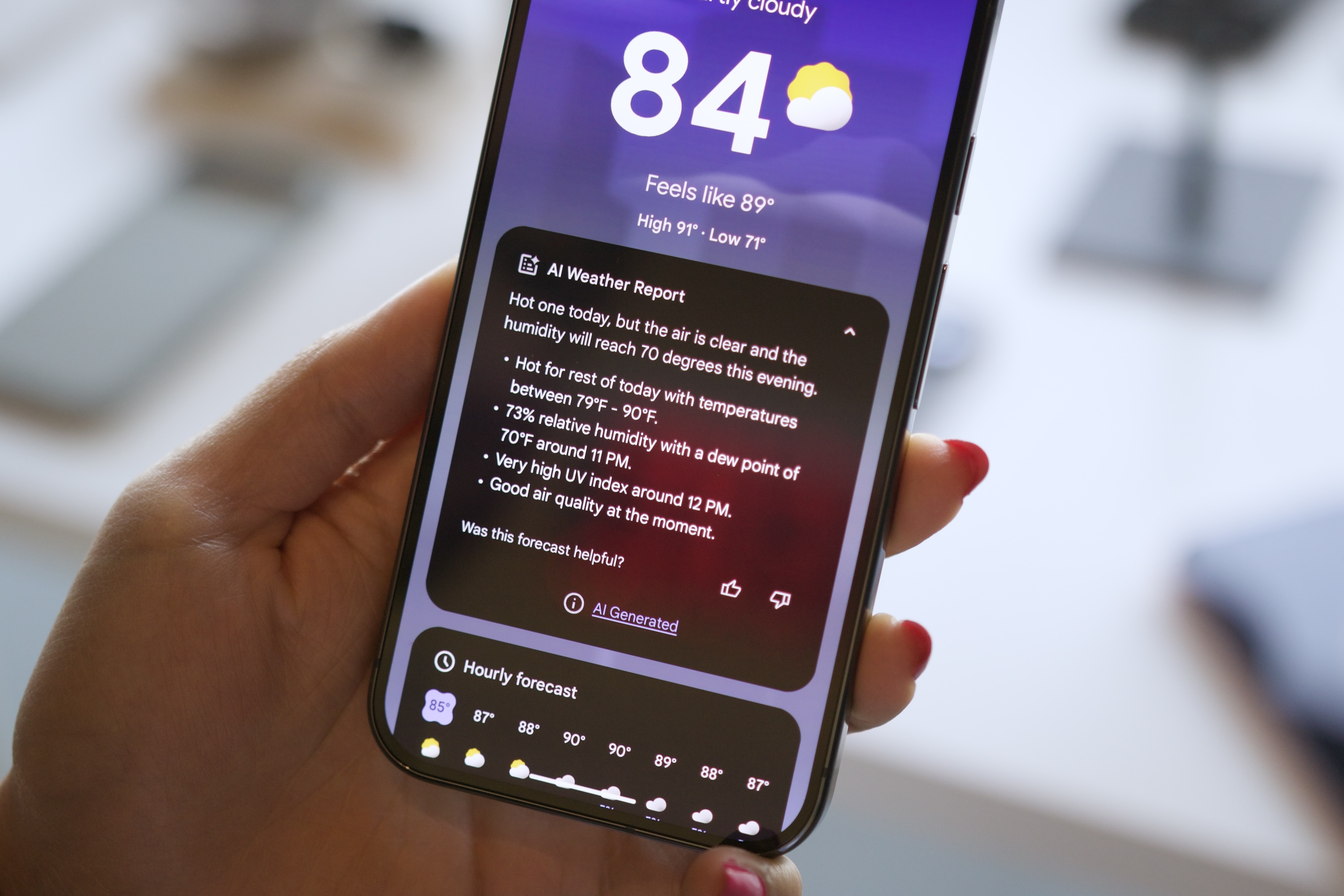 The Pixel Weather app running on a Google Pixel 9 phone.