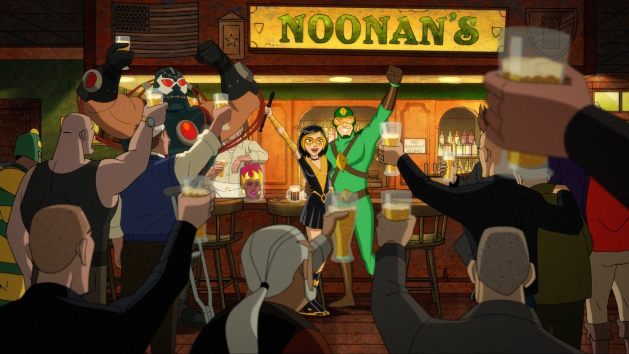 Kite Man and Golden Glider celebrating in Noonan's surrounded by people in Kite Man: Hell Yeah!