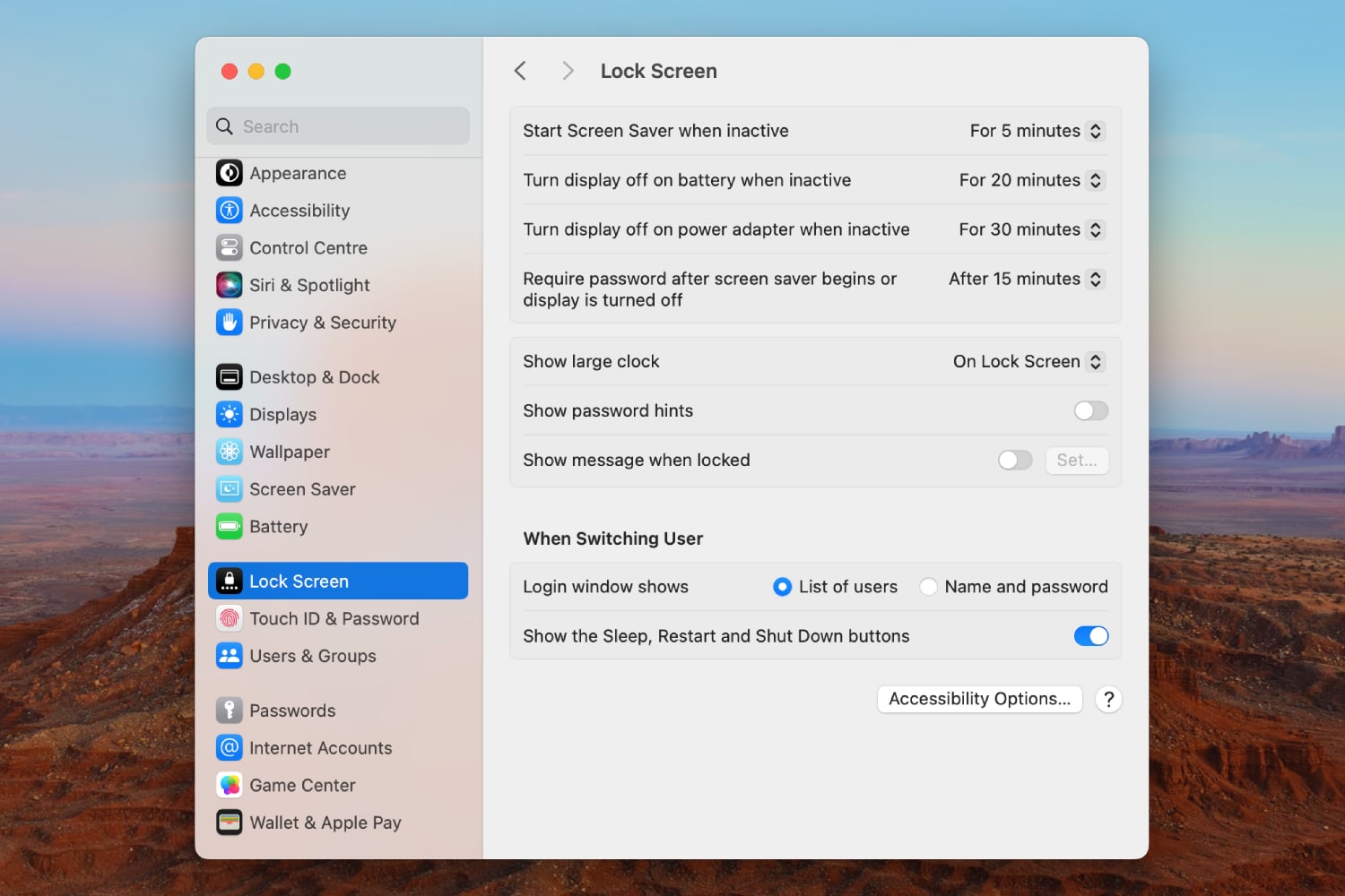 The System Settings app in macOS Sonoma, showing Lock Screen options.