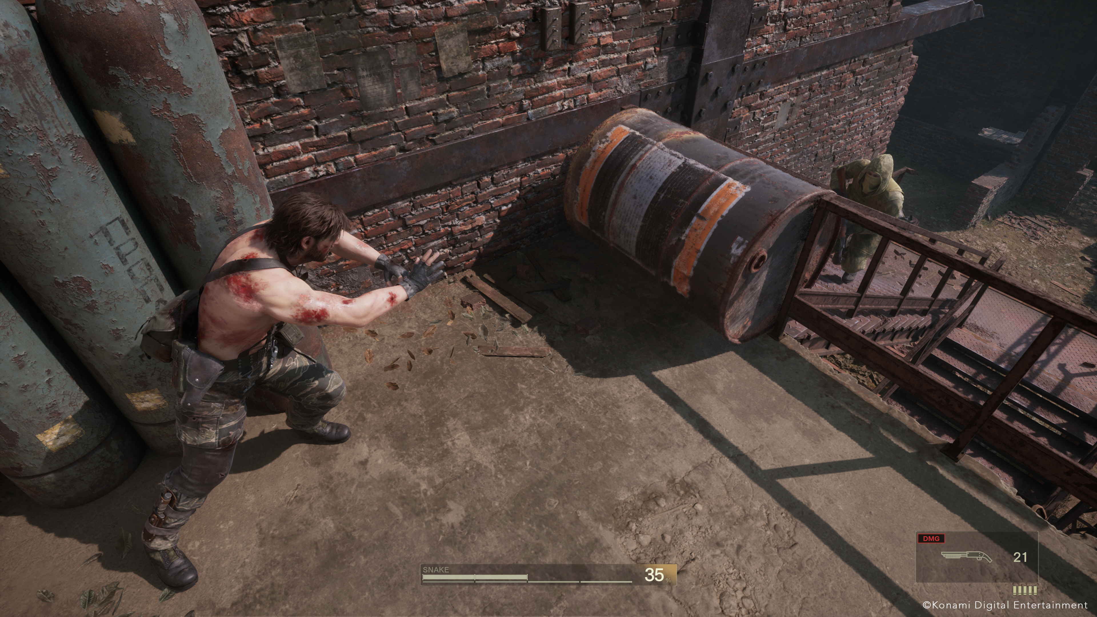 Snake pushes a barrel at a guard in Metal Gear Solid Delta: Snake Eater.