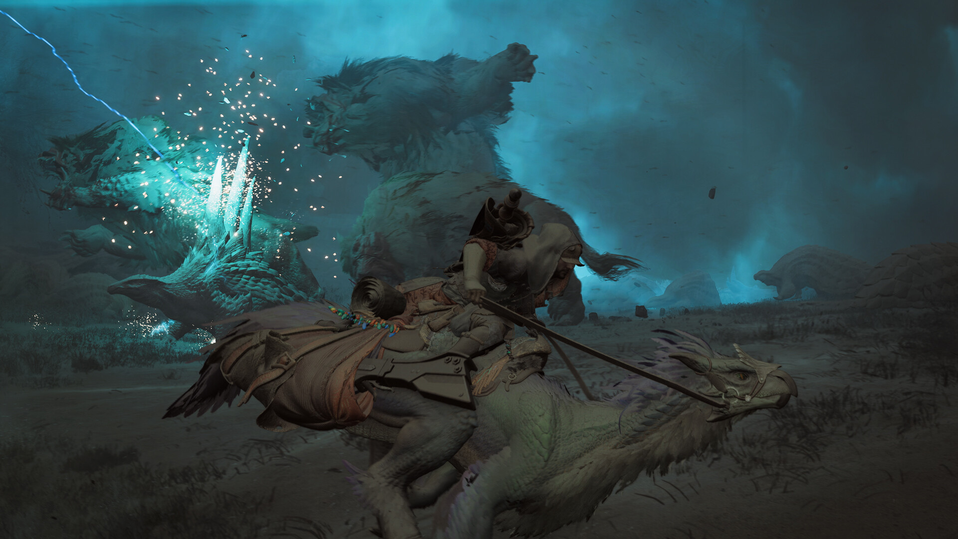 A hunter runs through a lightning storm in Monster Hunter Wilds.