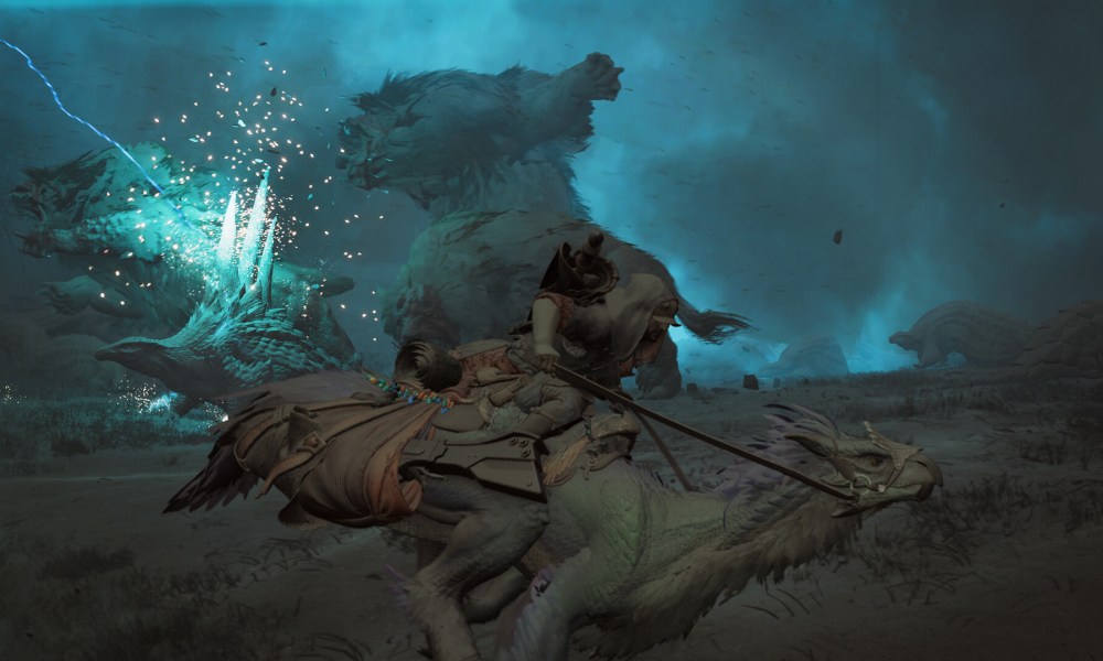 A hunter runs through a lightning storm in Monster Hunter Wilds.